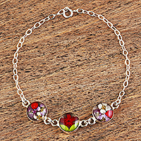 Sterling silver pendant bracelet, 'Red Anahuac Flowers' - Sterling Silver Chain Bracelet with Three Flowered Pendants