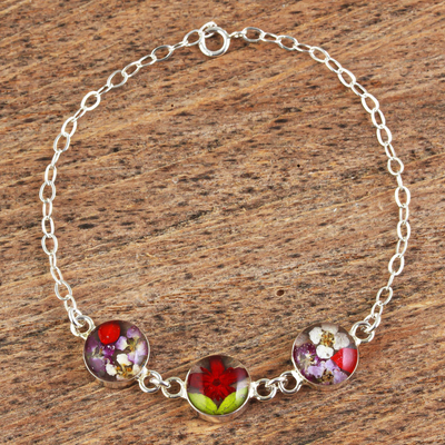 Sterling silver pendant bracelet, Red Anahuac Flowers