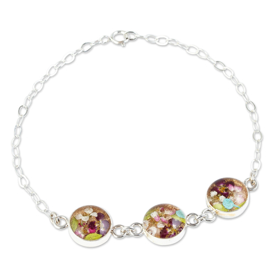 Sterling silver pendant bracelet, 'Three Violets' - Purple Flowers in Resin Pendants on a Sterling Silver Chain