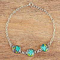Sterling silver pendant bracelet, 'Turquoise Trio' - Blue Resin and Flower Pendants on a Sterling Silver Chain