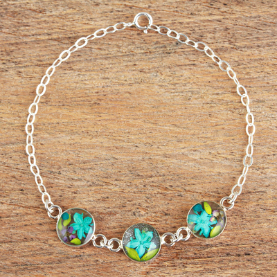 Sterling silver pendant bracelet, 'Turquoise Trio' - Blue Resin and Flower Pendants on a Sterling Silver Chain