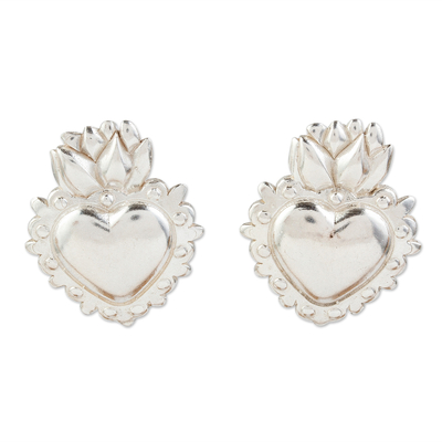 Sterling silver button earrings, 'Anahuac Hearts' - Sterling Silver Button Earrings with Flaming Hearts