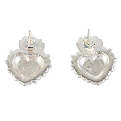 Sterling silver button earrings, 'Anahuac Hearts' - Sterling Silver Button Earrings with Flaming Hearts