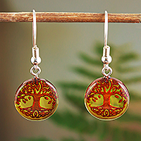 Amber dangle earrings, 'Anahuac Trees' - Amber Disk Earrings with Tree Motif on Sterling Silver Hooks