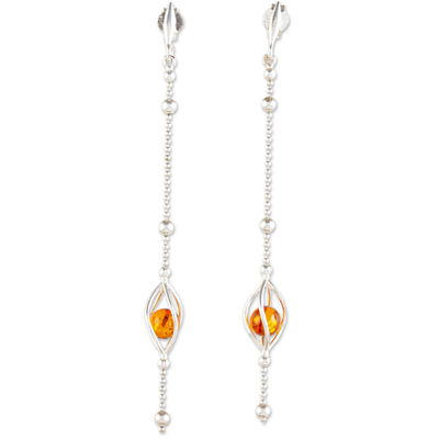 Sterling Silver Dangle Earrings Encasing Amber Beads