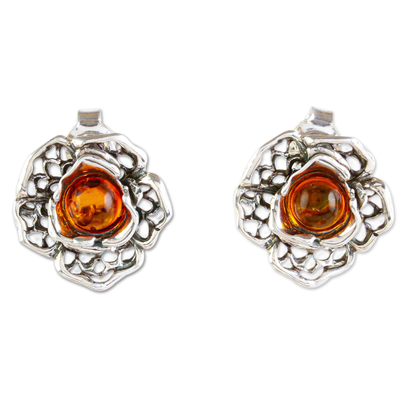 Sterling Silver Rose Stud Earrings with Amber from Mexico