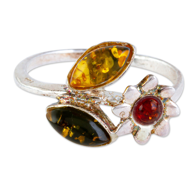 Flower Sterling Silver and Amber Cocktail Ring from Mexico