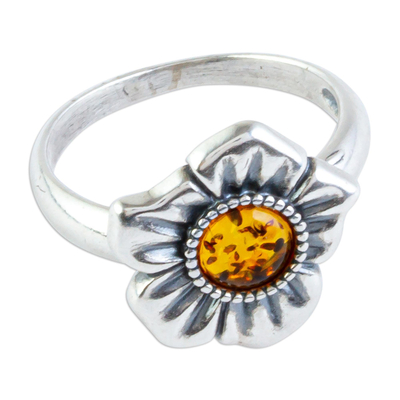 Sterling Silver Cocktail Ring with Amber-Centered Flower