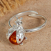 Amber cocktail ring, 'Golden Ladybug' - Ladybug-Themed Sterling Silver Ring with Amber