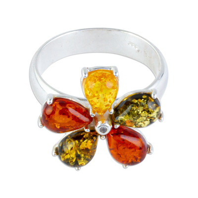 Five Petal Amber Sterling Silver Cocktail Ring with Flower