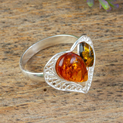 Amber cocktail ring, 'Heart Team' - Sterling Silver Cocktail Ring with Heart Shape and Amber