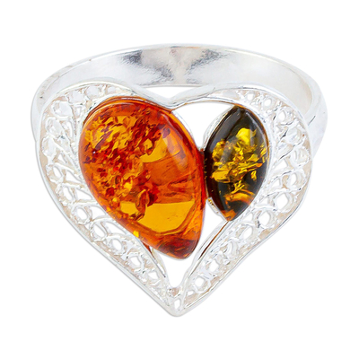 Sterling Silver Cocktail Ring with Heart Shape and Amber