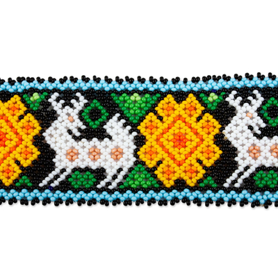 Beaded wristband  bracelet, 'Wixarika Desert' - Multi-Colored Deer and Peyote Themed Glass Bead Bracelet