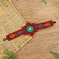 Beaded wristband bracelet, 'Wixarika Sun' - Red Dominant Peyote Flower Huichol Bracelet from Mexico