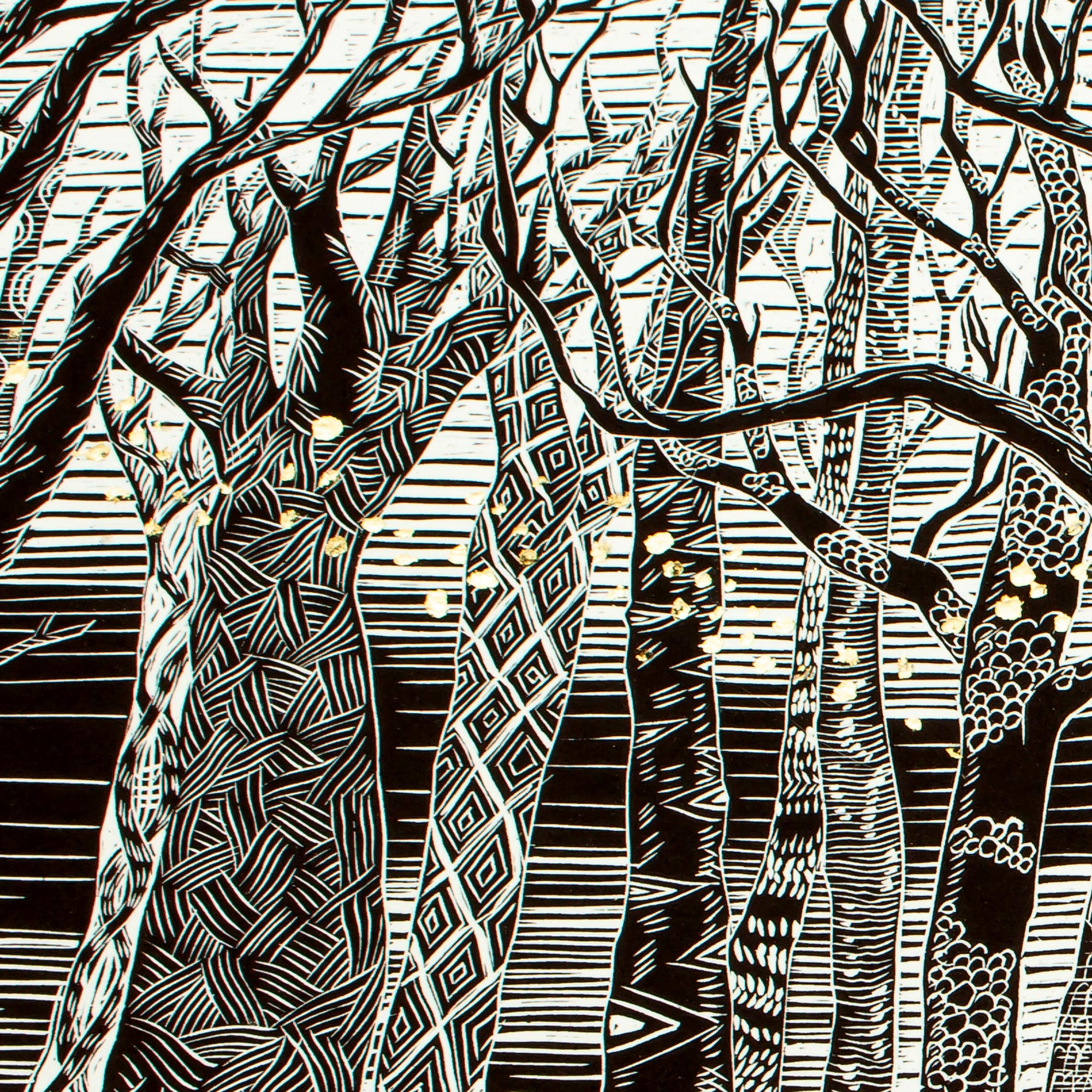 Black and White Forest Linocut Print with 10k Gold Leaf - Volatile | NOVICA