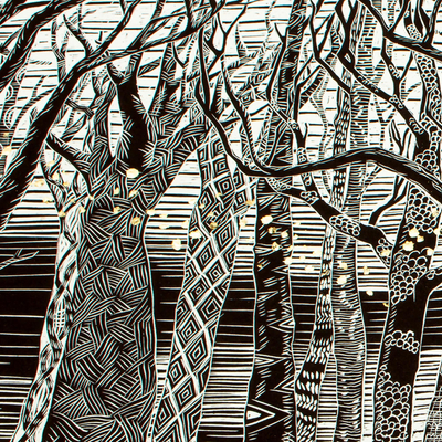 'Volatile' - Black and White Forest Linocut Print with 10k Gold Leaf
