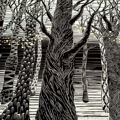 'Volatile' - Black and White Forest Linocut Print with 10k Gold Leaf
