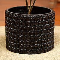 Ceramic flowerpot, 'Tzompantli' - Black Ceramic Planter with Skull Design