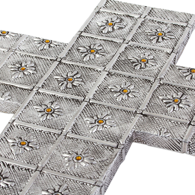 Aluminum repousse cross, 'Amber Crystal Glow' - Flower-Patterned Aluminum Wall Cross with Crystals