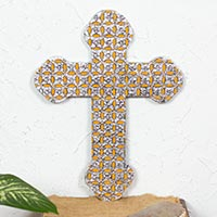 Aluminum repousse cross, 'Yellow Crystal Stars' - Flower-Patterned Aluminum Wall Cross with Yellow Crystals