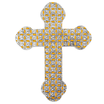 Flower-Patterned Aluminum Wall Cross with Yellow Crystals