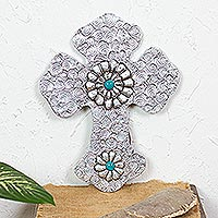 Aluminum repousse cross, 'Radiant Faith' - Colonial Mexico Style Aluminum Cross Wall Decoration