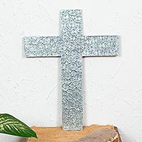 Aluminum repousse cross, 'Prayers Like the Wind' - Aluminum Repousse Cross Decoration with Swirling Pattern