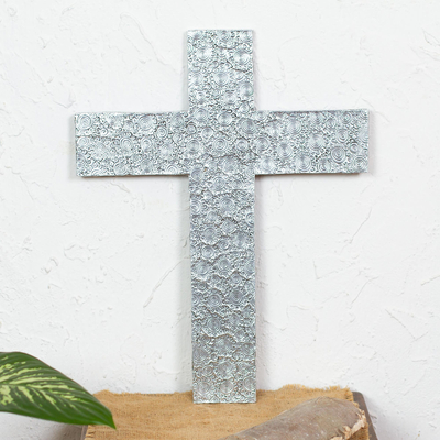 aluminium repousse cross, 'Prayers Like the Wind' - aluminium Repousse Cross Decoration with Swirling Pattern