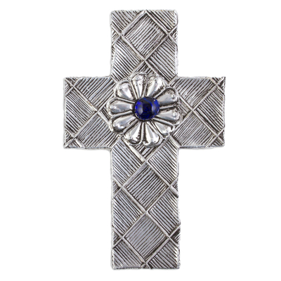 Mexican Repousse Wall Cross with Flower and Blue Glass