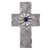 Aluminum repousse cross, 'Mexican Faith' - Mexican Repousse Wall Cross with Flower and Blue Glass