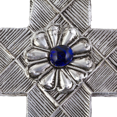 Aluminum repousse cross, 'Mexican Faith' - Mexican Repousse Wall Cross with Flower and Blue Glass