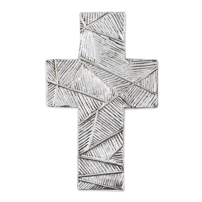 Wall Cross in Oxidized Crosshatched Aluminum Repousse