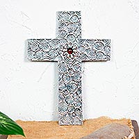 Aluminum repousse cross, 'Heaven's Clouds' - Mexican Flower Motif Aluminum Repousse Wall Cross