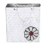 Aluminum repousse decorative box, 'Hearts and Flower' - Aluminum Gift Bag-Shaped Decorative Container with Flower