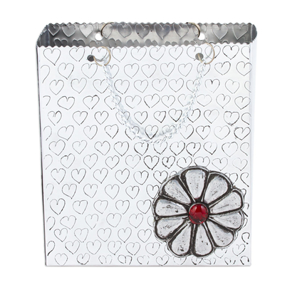 Caja decorativa de aluminio repujado - Recipiente decorativo en forma de bolsa de regalo de aluminio con flor