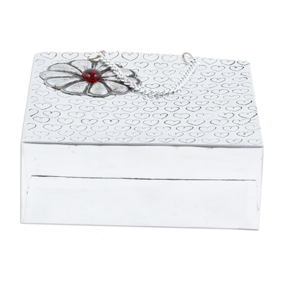 Aluminum repousse decorative box, 'Hearts and Flower' - Aluminum Gift Bag-Shaped Decorative Container with Flower