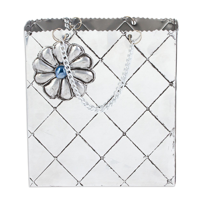 Aluminum repousse decorative box, 'Azure Luxury' - Aluminum Decorative Gift Box with Flower from Mexico