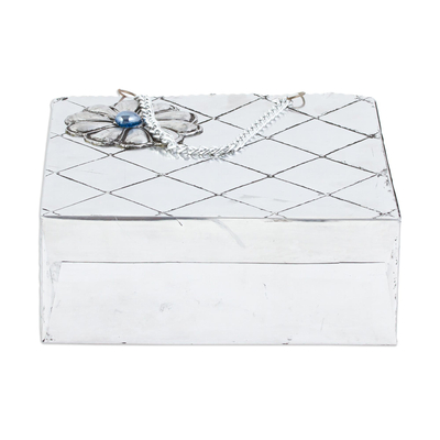 Aluminum repousse decorative box, 'Azure Luxury' - Aluminum Decorative Gift Box with Flower from Mexico