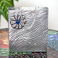 Aluminum repousse decorative box, 'Deep Blue Luxury' - Aluminum Decorative Gift Box with Flower from Mexico
