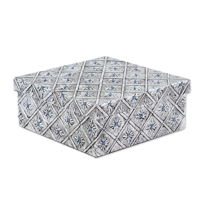Aluminum repousse decorative box, 'Blue Flower Treasures' - Lidded Decorative Box from Aluminum with Blue Crystals