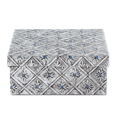 Aluminum repousse decorative box, 'Blue Flower Treasures' - Lidded Decorative Box from Aluminum with Blue Crystals