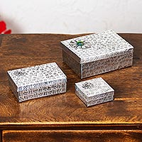 Aluminum repousse decorative boxes, 'Merry Gifts' (set of 3) - Gift Style Lidded Decorative Boxes of Aluminum (Set of 3)
