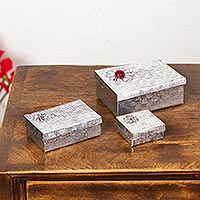 Aluminum repousse decorative boxes, 'Joyful Gifts' (set of 3) - Gift Style Lidded Decorative Boxes of Aluminum (Set of 3)