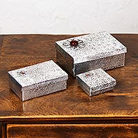 Aluminum repousse decorative boxes, 'Glad Gifts' (set of 3) - Gift Style Lidded Decorative Boxes of Aluminum (Set of 3)