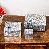 Aluminum repousse decorative boxes, 'Delighted Gifts' (set of 3) - 3 Gift Style Lidded Decorative Boxes of Aluminum Repousse