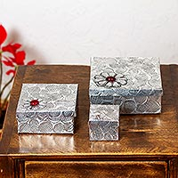 Aluminum repousse decorative boxes, 'Joyous Gifts' (set of 3) - 3 Gift Style Lidded Decorative Boxes of Aluminum Repousse