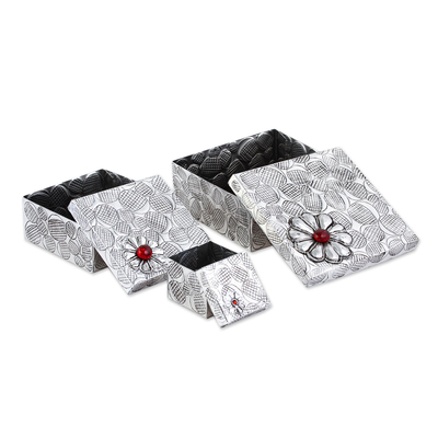 Cajas decorativas de aluminio repujado, (juego de 3) - 3 Cajas Decorativas con Tapa Estilo Regalo de Aluminio Repousse