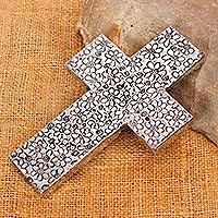 Aluminum repousse cross, 'Blossoming Belief' - Aluminum Repousse Wall Cross with Floral Pattern