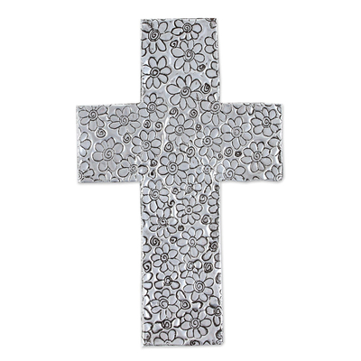 Aluminum Repousse Wall Cross with Floral Pattern