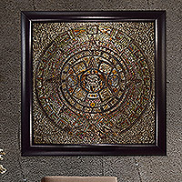 Aluminum repousse panel, 'Mexica Sun Stone Calendar' - Framed Repousse Aztec Calendar Archaeology Alcohol Painting